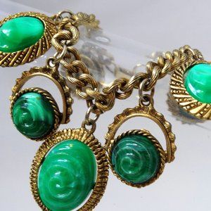 Vtg Faux Jade Marbled Lucite Chunky Carved Massive Huge Charms ChaCha Bracelet